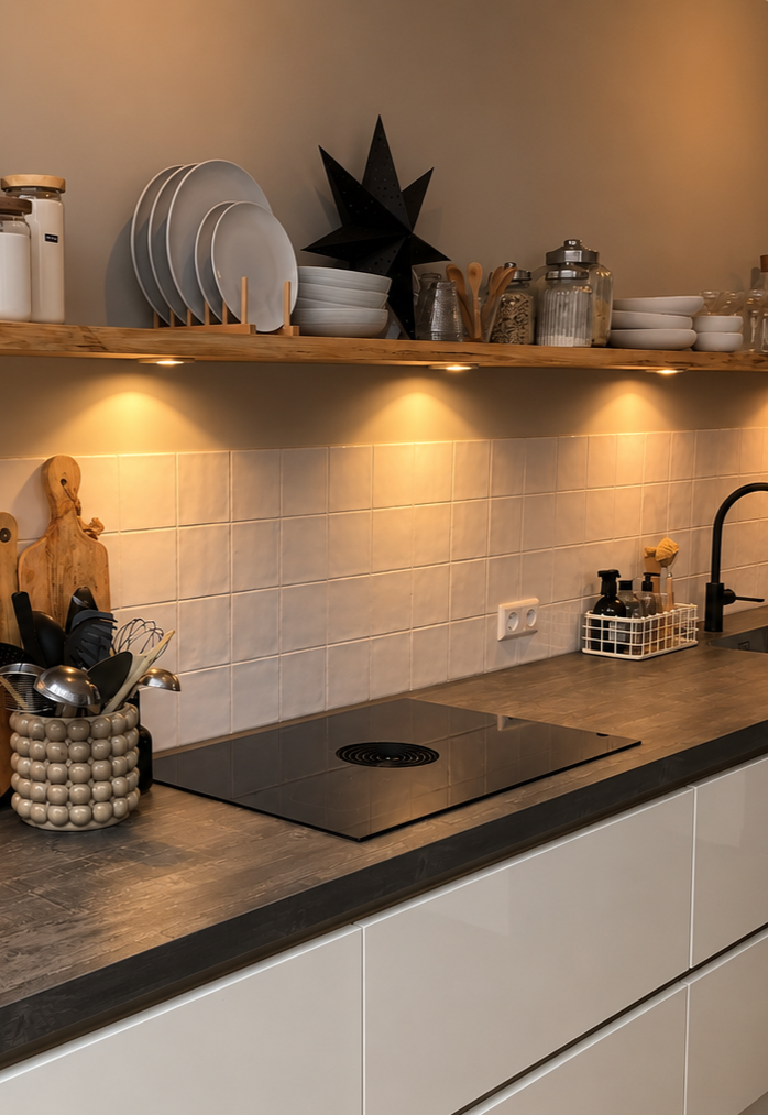 Massief eiken wandplank met ingebouwde LED-spots boven het keukenblad