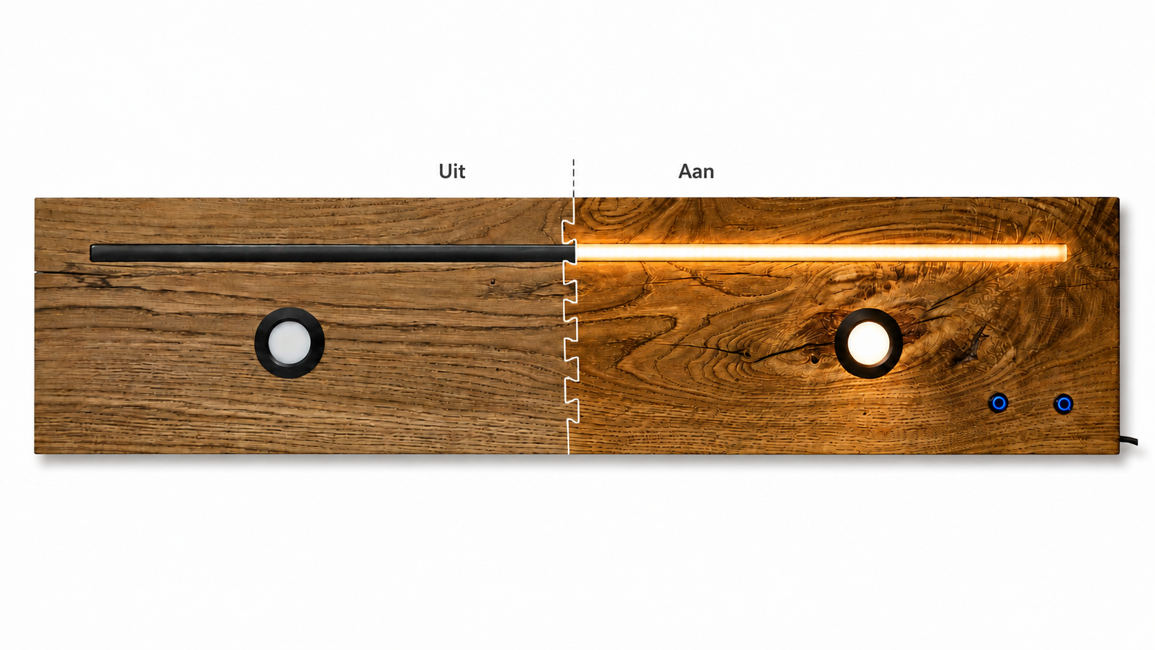 Massief eiken wandplank met LED-strip en ingebouwde spots, verlichting uit en aan