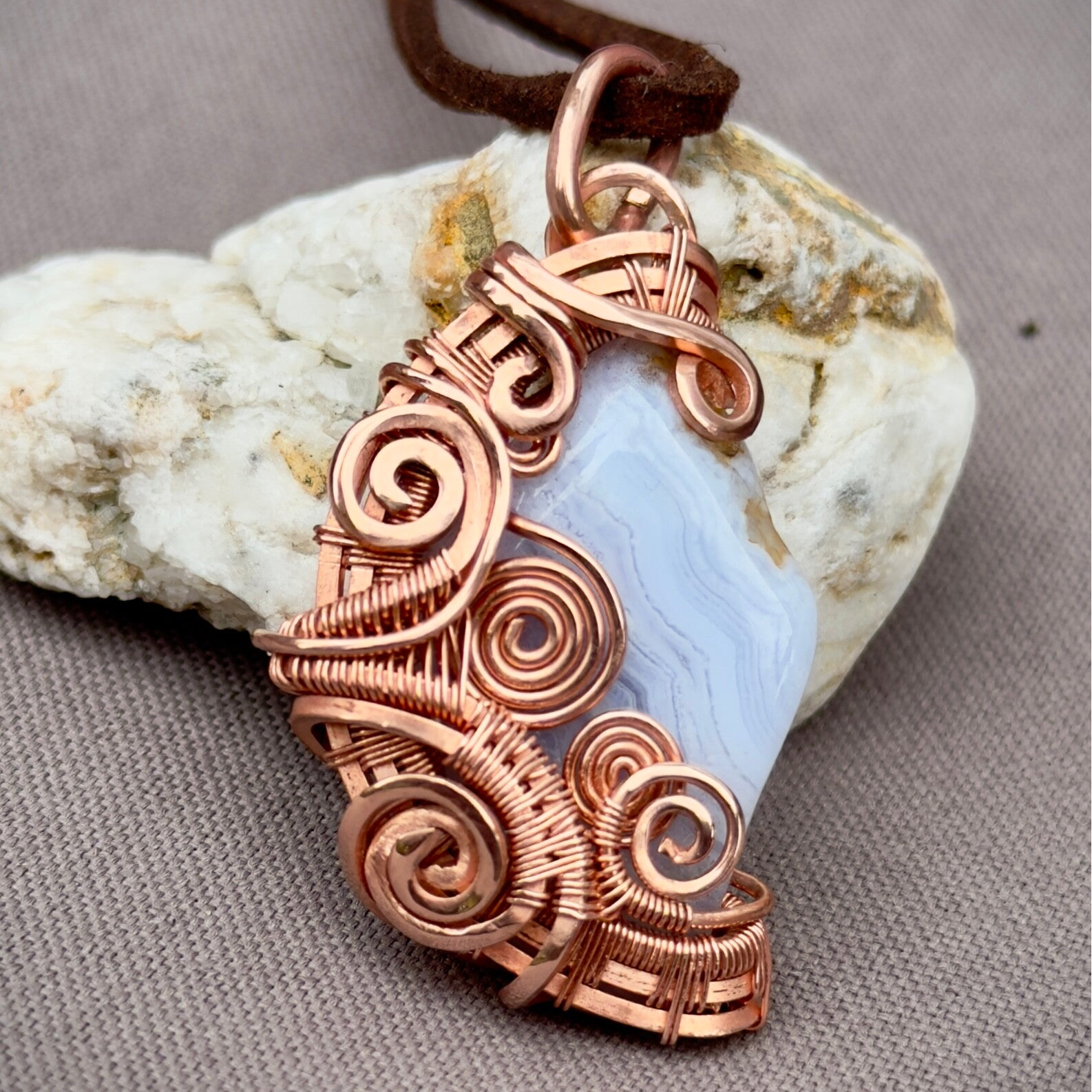 Blue Lace Agate Pendant - Wire Wrap ca. 3 cm