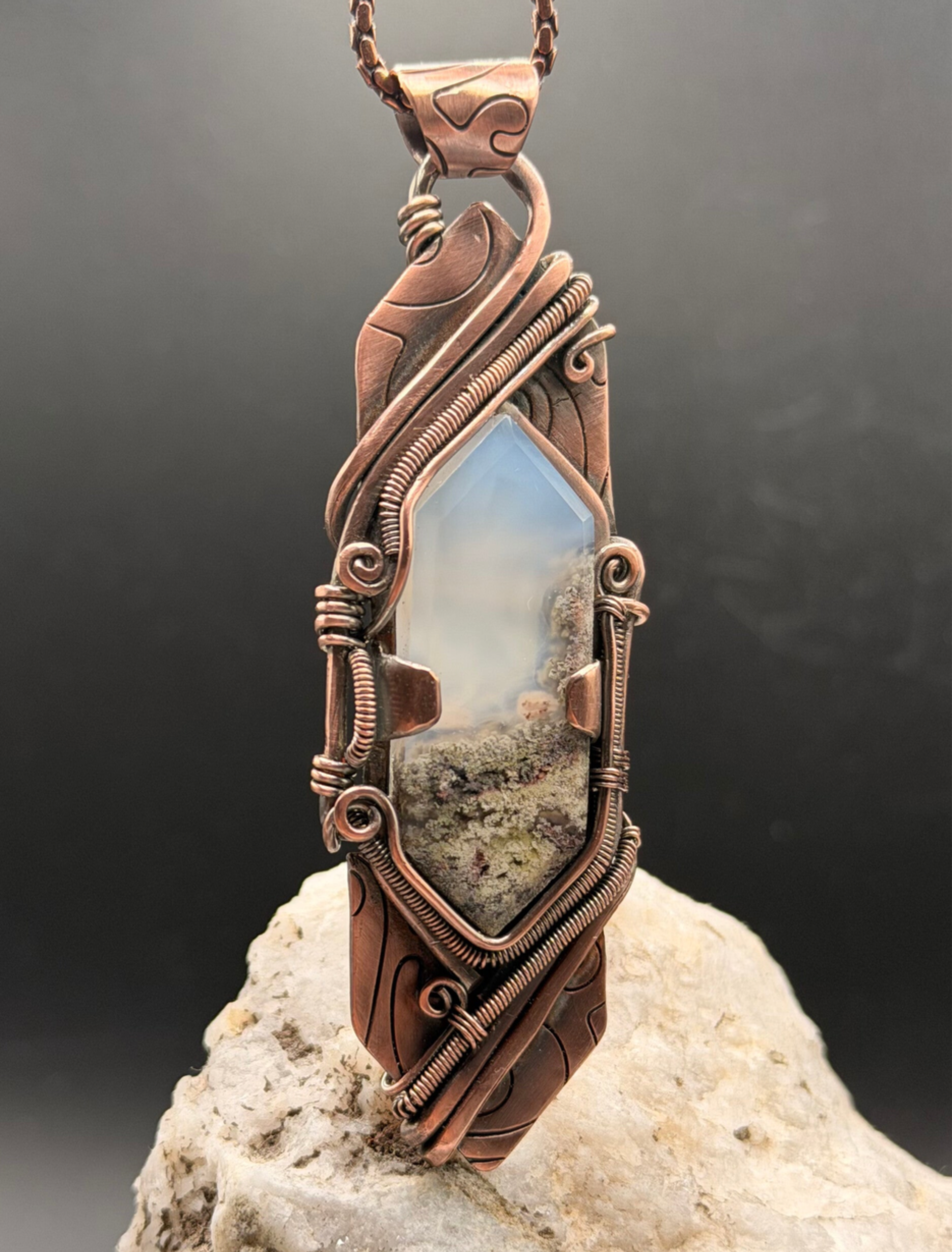 The Hidden Valley - Moss Agate & Copper Pendant