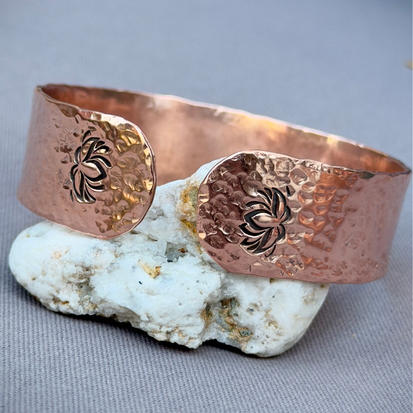 Hammered Copper Cuff with Lotus Flower (Wide)