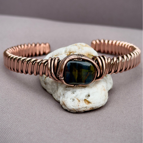 Massive Braid Copper Bracelet with Hawk's Eye Stone 20cm