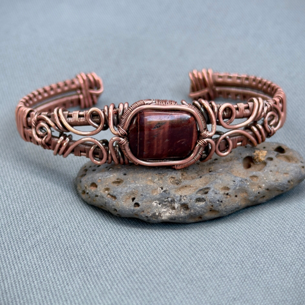 Wire Wrapped Copper Bracelet with Red Tiger Eye (19 cm)