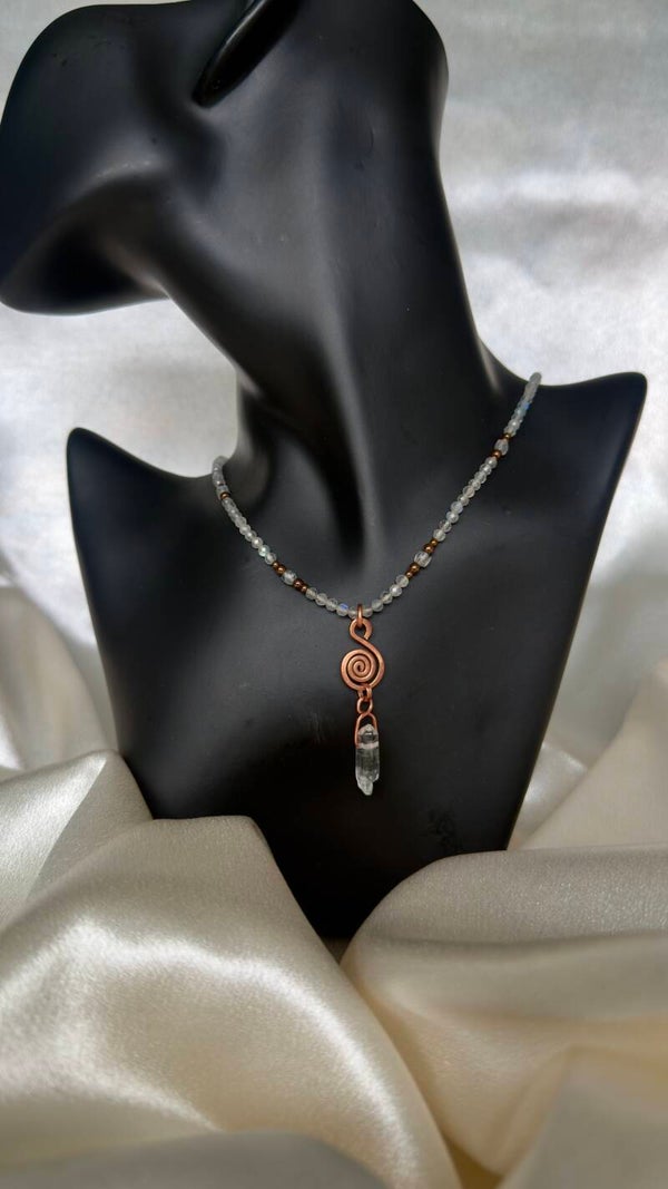 Aurora Spiral - crystal clear quartz + labradorite