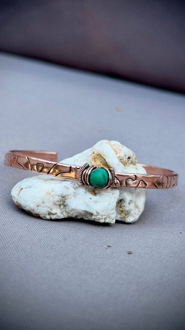 Ancient Pattern Copper Bracelet with Landscape Jasper