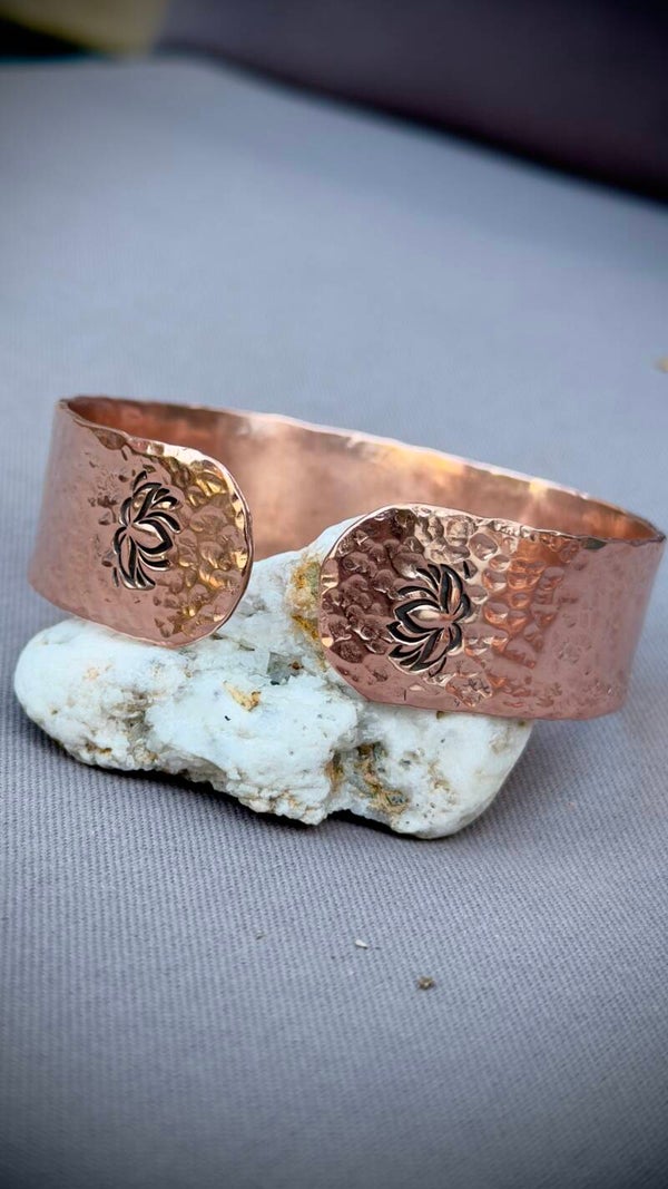 Hammered Copper Cuff with Lotus Flower (Wide)