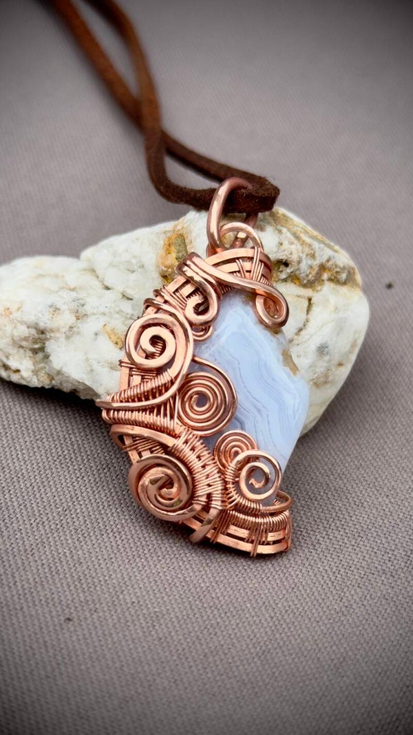 Blue Lace Agate Pendant - Wire Wrap ca. 3 cm