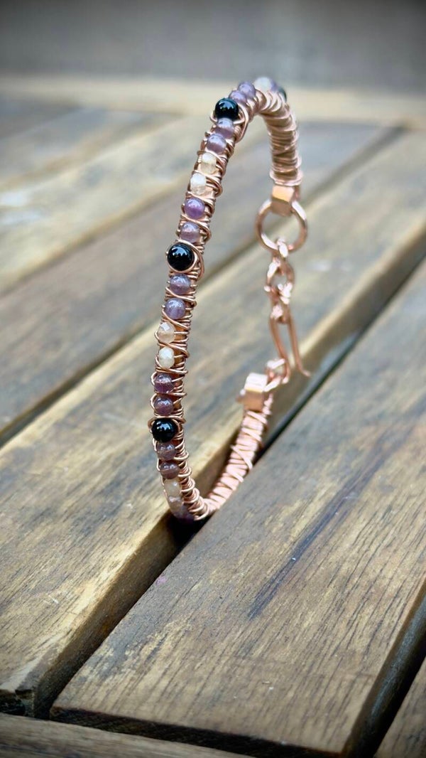 Copper Bracelet with Black Agate + Amethyst & Sun stone - Pisces & Aquarius (17 cm)