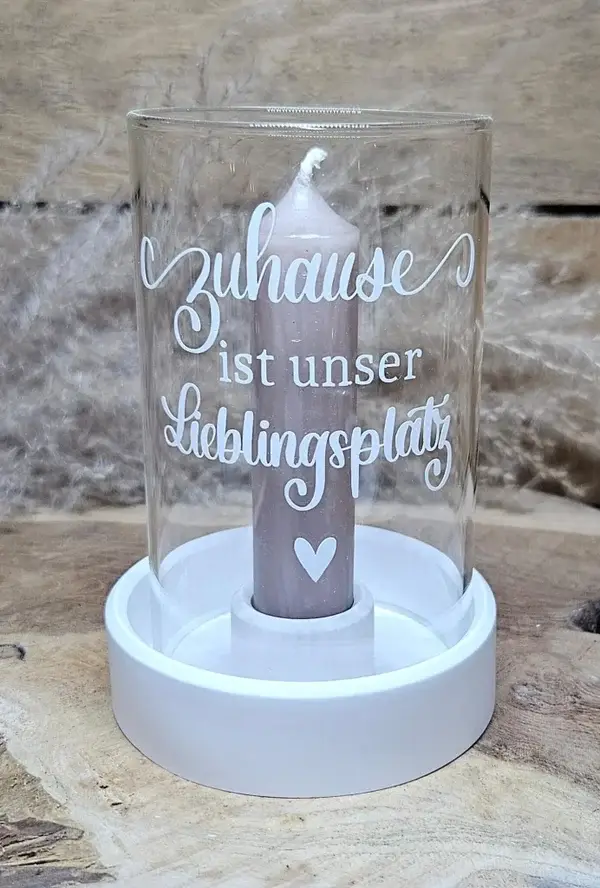 Windlichtglas mit kleinem Kerzenteller