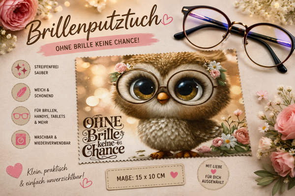 🦉 Brillenputztuch „Ohne Brille keine Chance“ – Niedliches Eulenmotiv