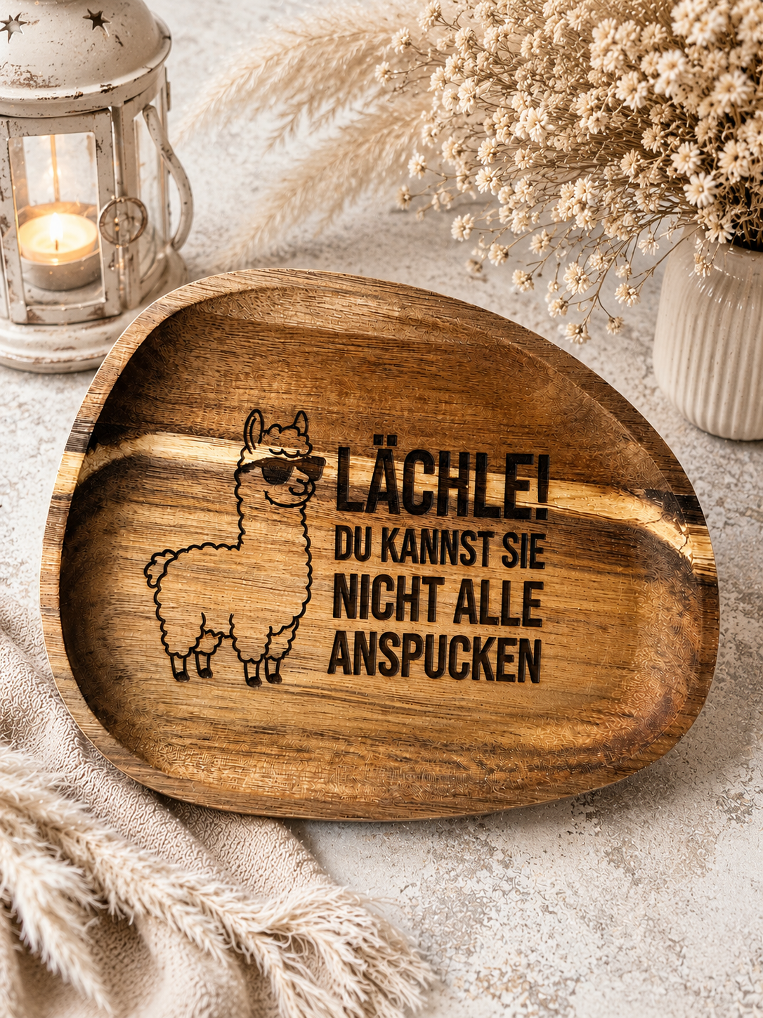 Schmuckablage aus Akazienholz – „Lächle!
