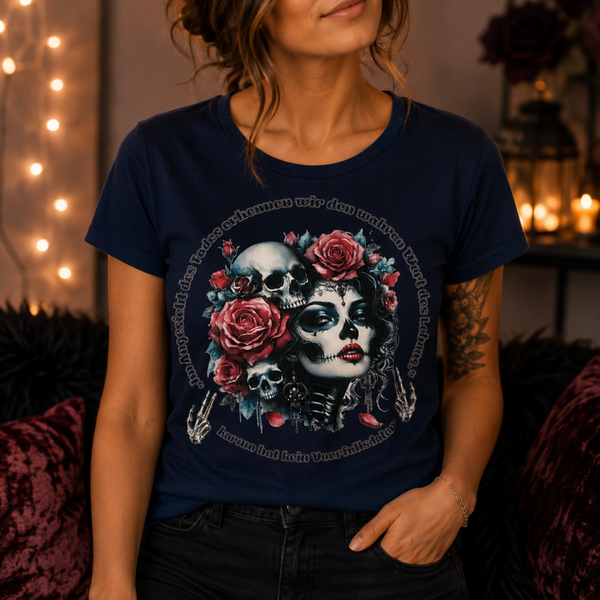 💀 Damen T-Shirt „Karma hat kein Verfallsdatum“ – Größe L Dunkelblau