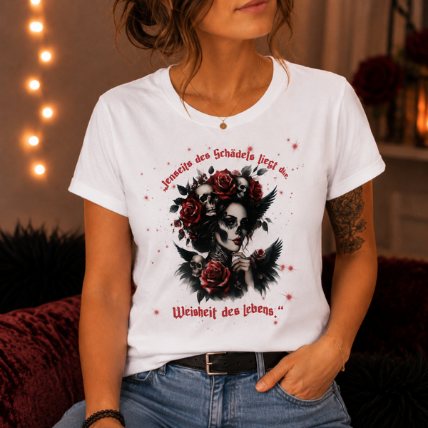 💀 Damen T-Shirt „Jenseits des Schädels liegt die Weisheit des Lebens“ – Größe L