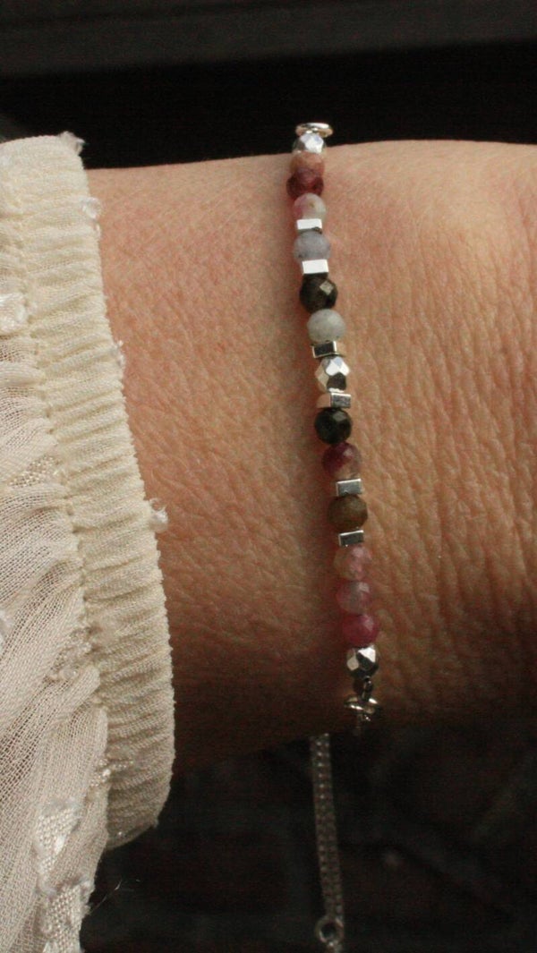 Watermeloen toermalijn armbandje (zilverkleurig)