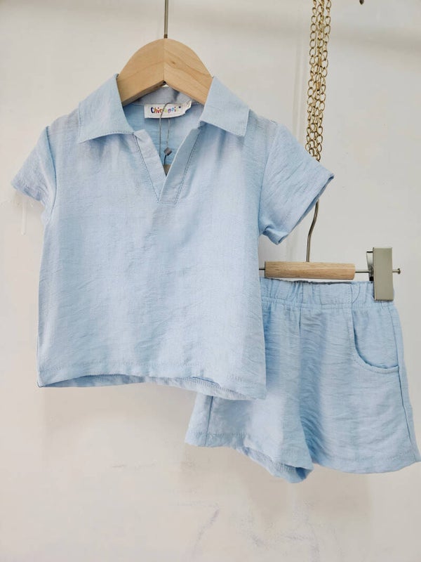 Ensemble Top Col Chemise V Et Short Uni Fluide Et Léger Bébé Garçon