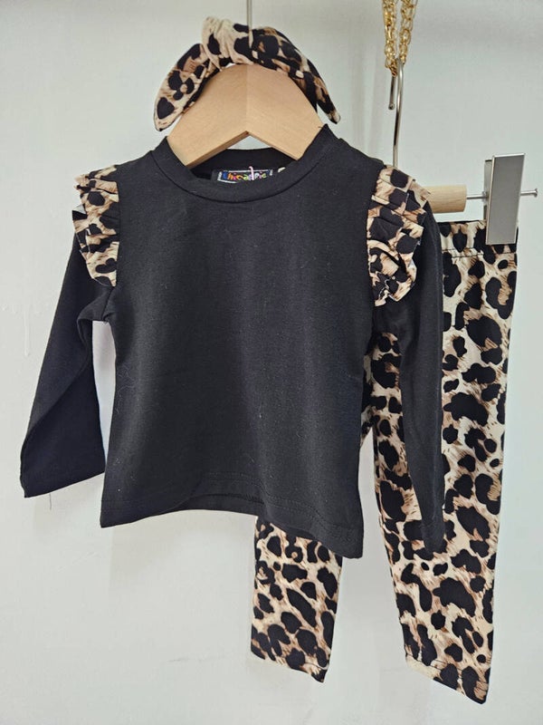 Ensemble Top Uni Manches Longues Volants Et Legging Léopard Avec Bandeau Bébé Fille