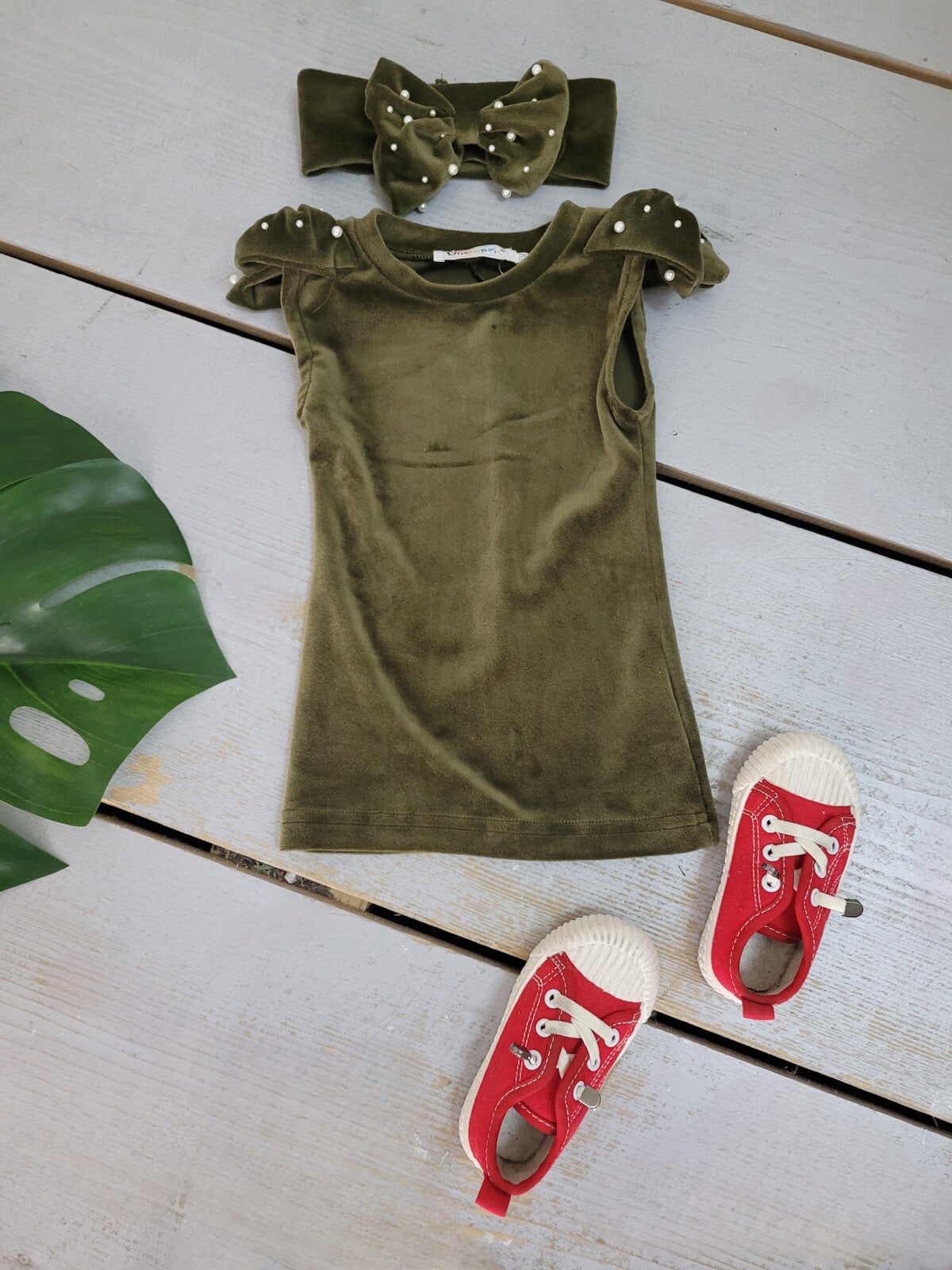 Robe Courte En Velours Avec Noeuds Perles Et Bandeau Uni Bébé Fille