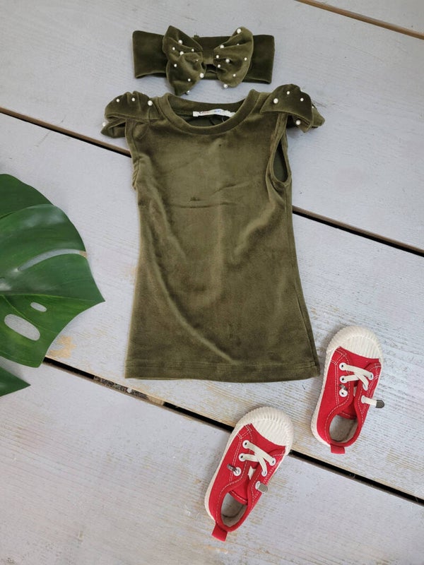 Robe Courte En Velours Avec Noeuds Perles Et Bandeau Uni Bébé Fille
