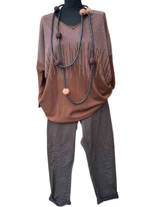 Dunne trui bruin met zilver mt 50-52-54