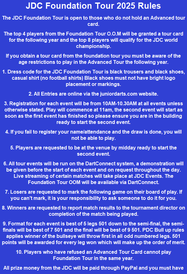Tour Rules / JDC TOUR RULES / JDC TOURNAMENTS Junior Darts Corporation