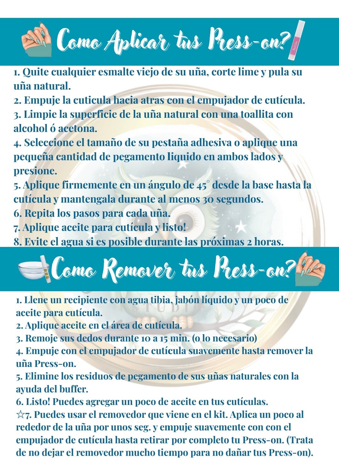 Instrucciones de como aplicar y remover uñas Press-on 