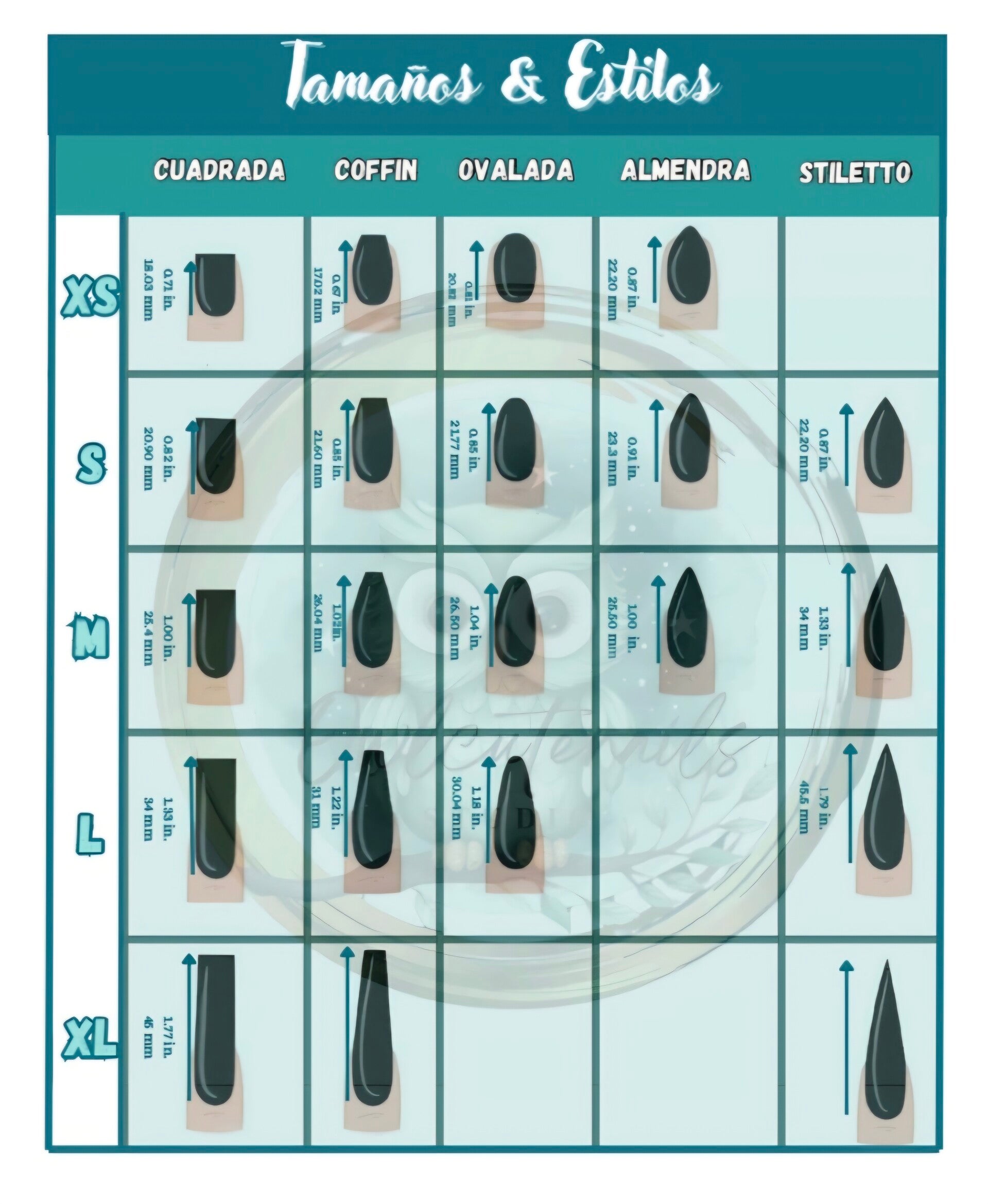 Tabla de  Medidas y estilos de uñas Press-on 