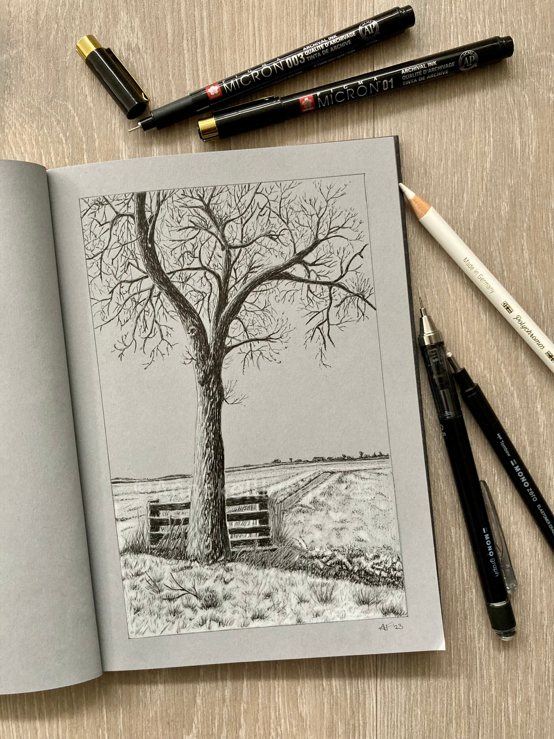 Een grijs schetsboek met een pentekening van een boom bij een hek en weiland. Winters tafereel. Accenten met wit potlood.