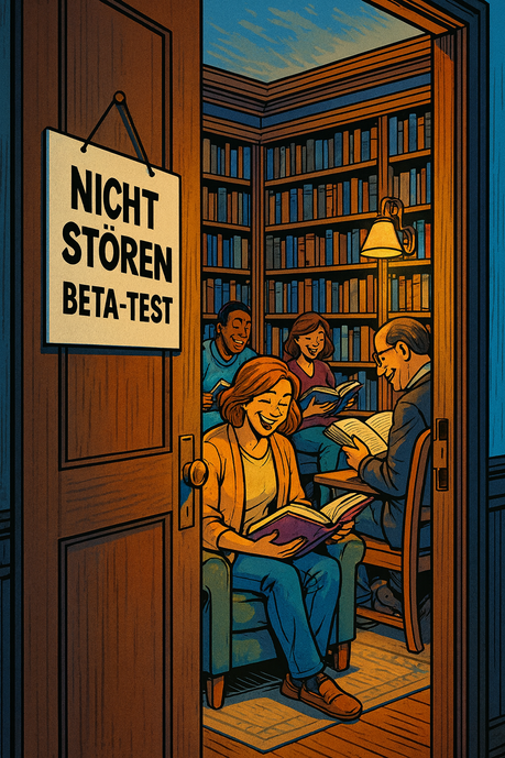 Bild einer offenen Tur, dahinter sihet man einen Bibliothek mit Menschen die begeistert ein Buch lesen. An der Tür hängt ein Schild mit der Aufschrift: Nicht Stören - Beta Test