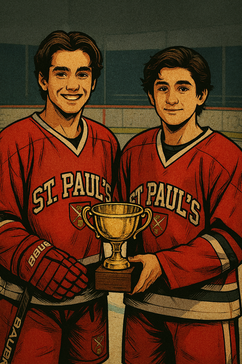 Image of a two teenagers in red trickots holding a golden ice hockey trophy