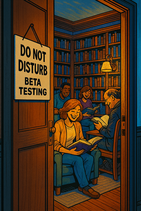 Image of an open door view into a library where some people sit and have fun reading. At the door is a sign stating: Do Not Disturb - Beta testing