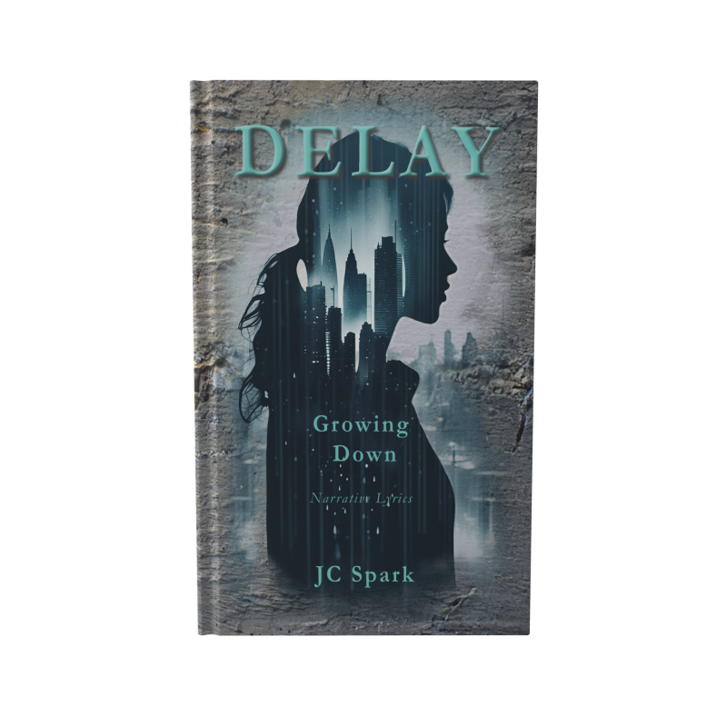 Book cover of DELAY – Growing Down. Silhouette of a woman in front of a city backdrop in shades of blue, with the words “Narrative Lyrics” and the author's name JC Spark.
