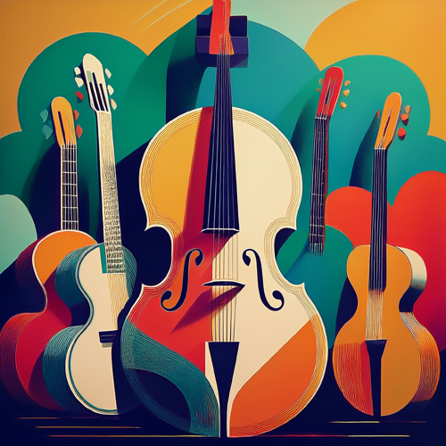 Illustration of a double bass and four guitars