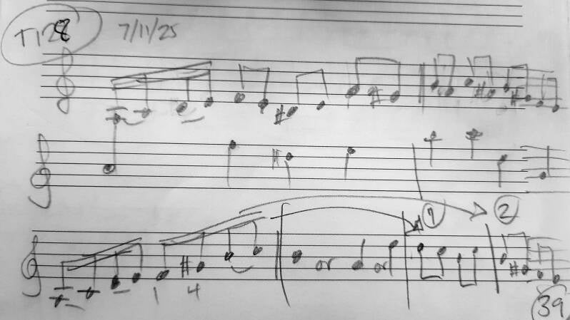 Musical sketch: handwritten notes for T128