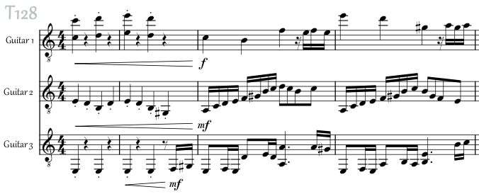 Musical sketch T128: sheet music for classical guitar trio