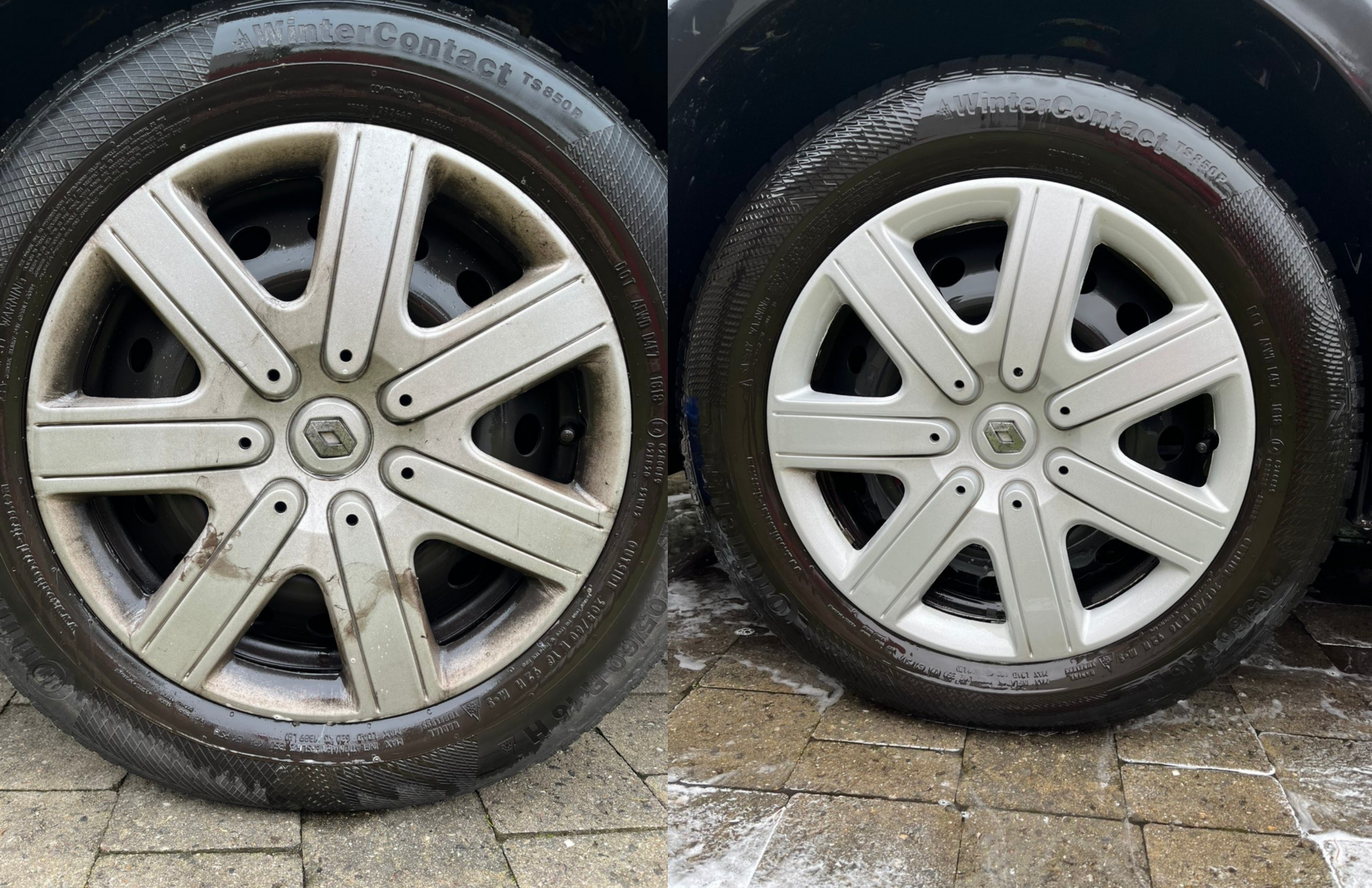 voor en na foto van de velgen onder de wagen