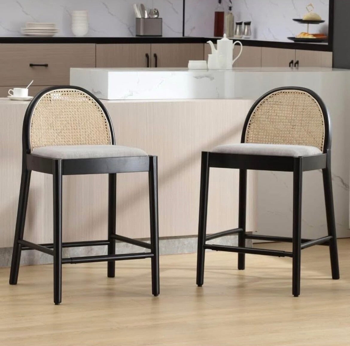 2pc Mid Century Rattan Back Dining Chairs