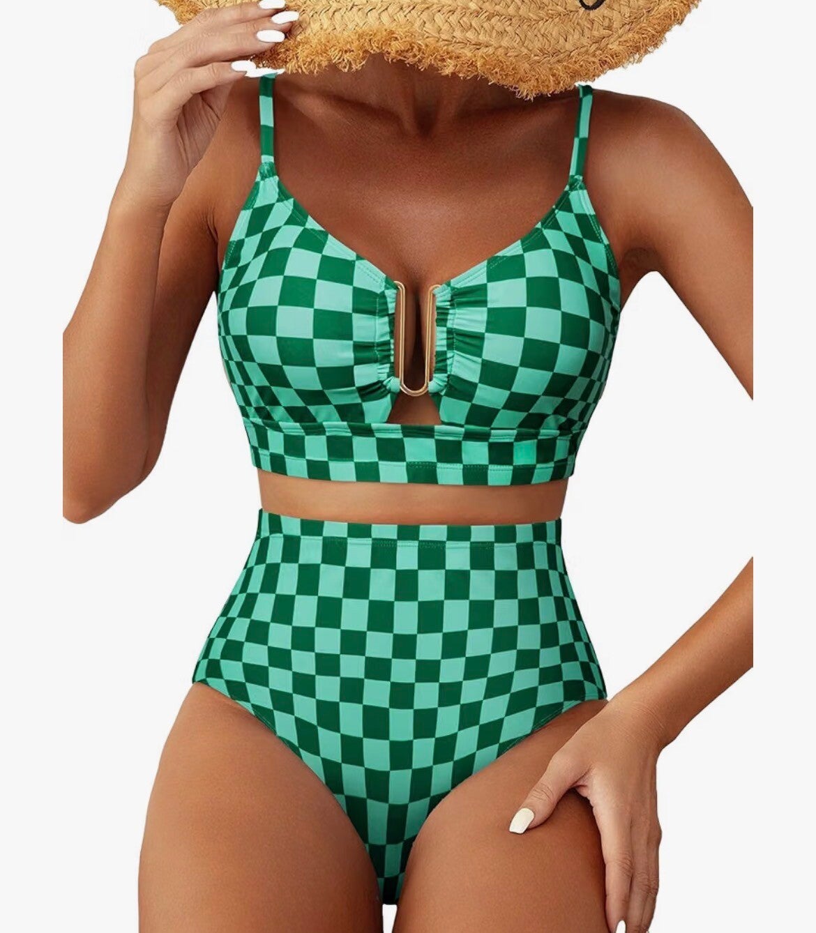 Green Checkered 2 Piece High Waisted Swimsuit (Large)