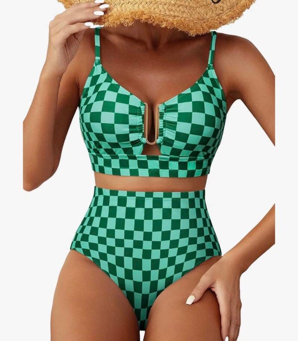 Green Checkered 2 Piece High Waisted Swimsuit (Large)