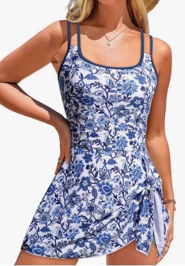 One Piece Blue Floral Swimsuit Dress (2XL)