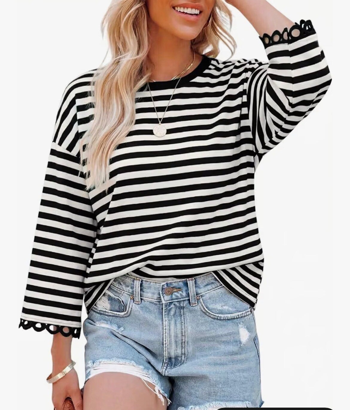 Black & White Striped Oversized Half Sleeve Sweatshirt (2XL)