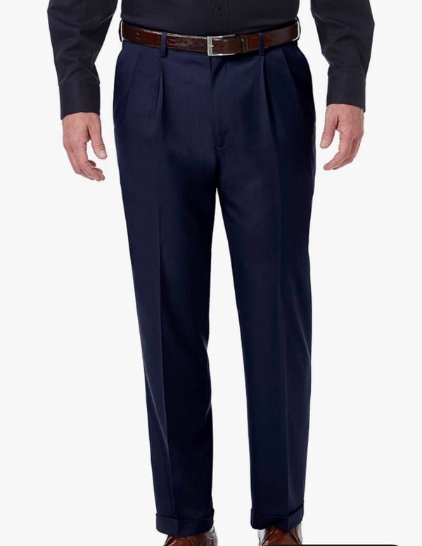 Haggar Men's Blue Premium Comfort Classic Fit Pleated Dress Pants 42W x 32L