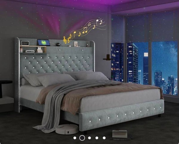 55" Light Grey Crystal Full Size Bed Frame