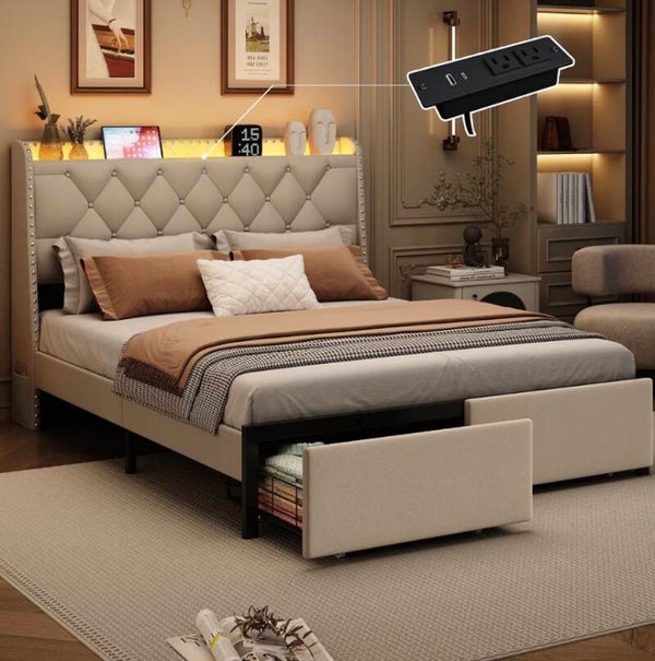 Queen Beige Bed Frame with 2 Drawers