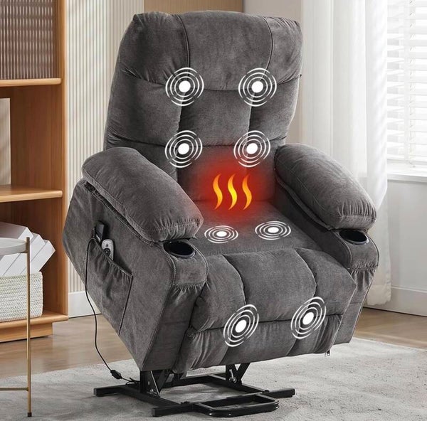 Gray Power Lift Recliner Chair w/ Lumbar Heat & Massage