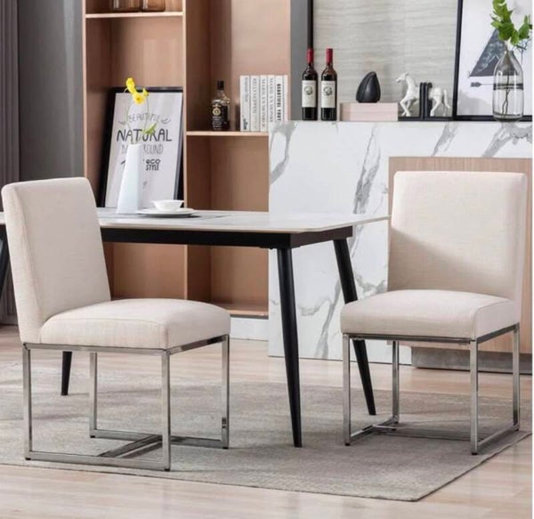 Cream Linen Upholstered Silver Frame Dining Chairs