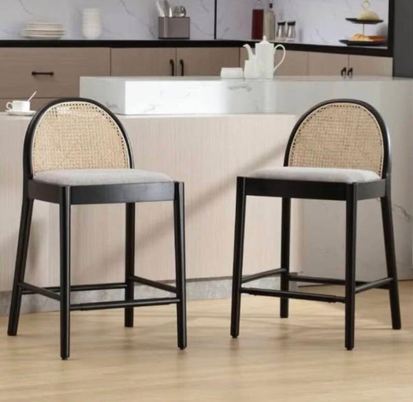 2pc Black & Grey Rattan Counter Stools