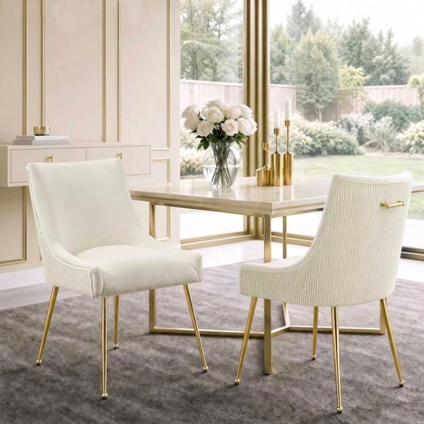 2pc Beige & Gold Velvet Dining Chairs