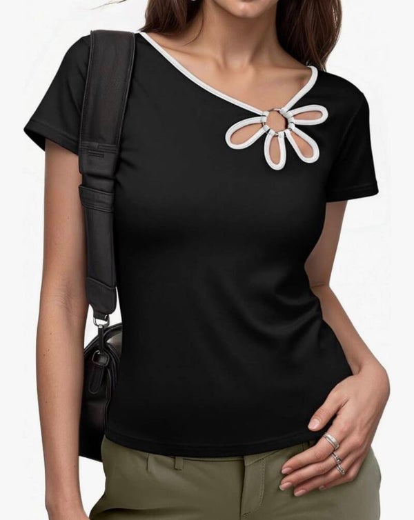 Black Short Sleeve Blouse with White Accent Flower