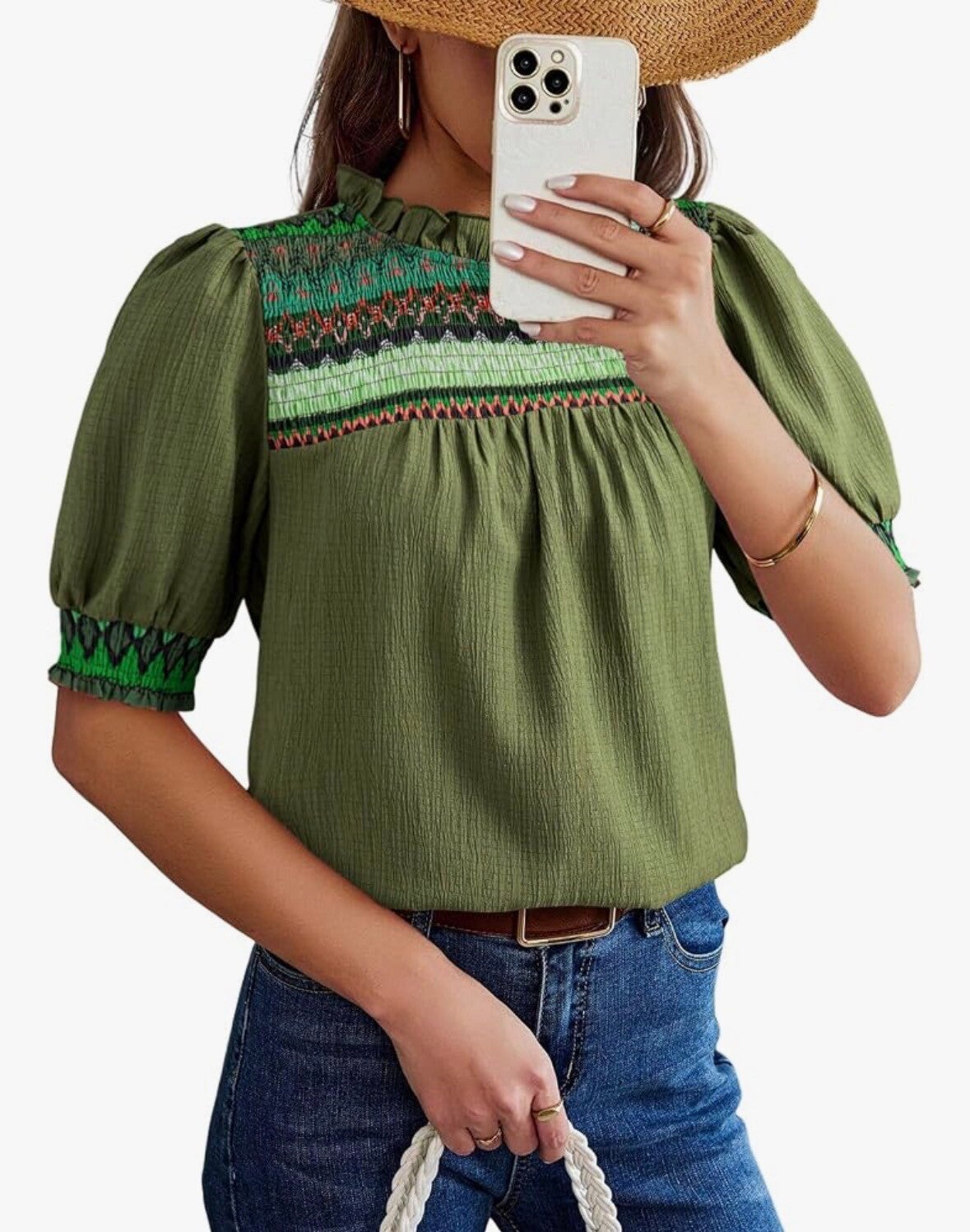 Olive Green Boho Pleated Blouse (Large)