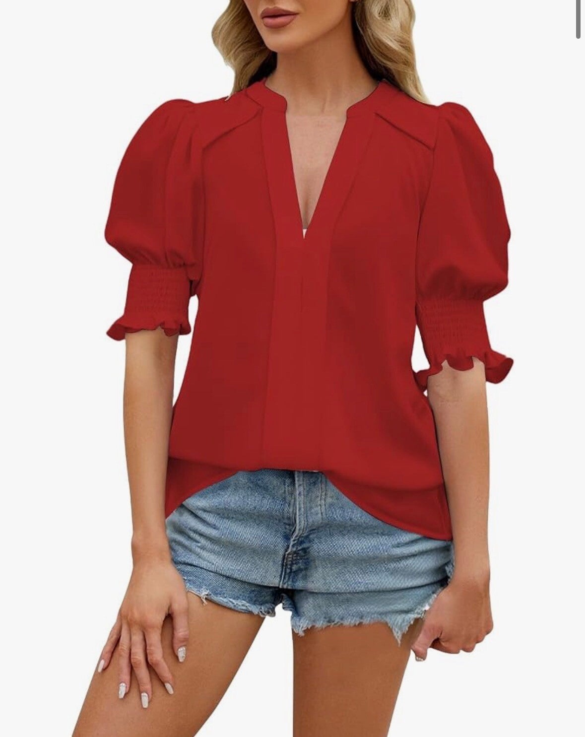 Red V Neck Dressy Blouse (Medium)